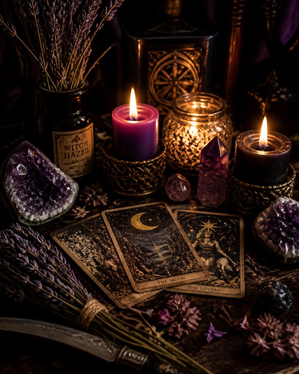 Altar con velas, hierbas y cuarzos usados en los trabajos esotéricos